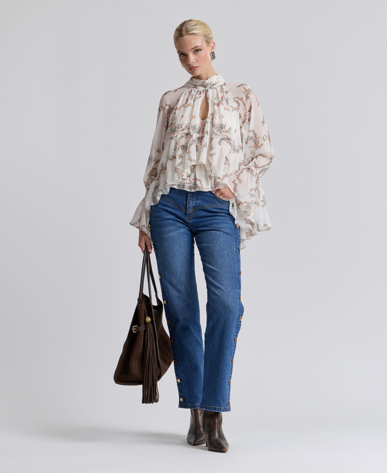 Women's Floral High-Neck Puff-Sleeve Top