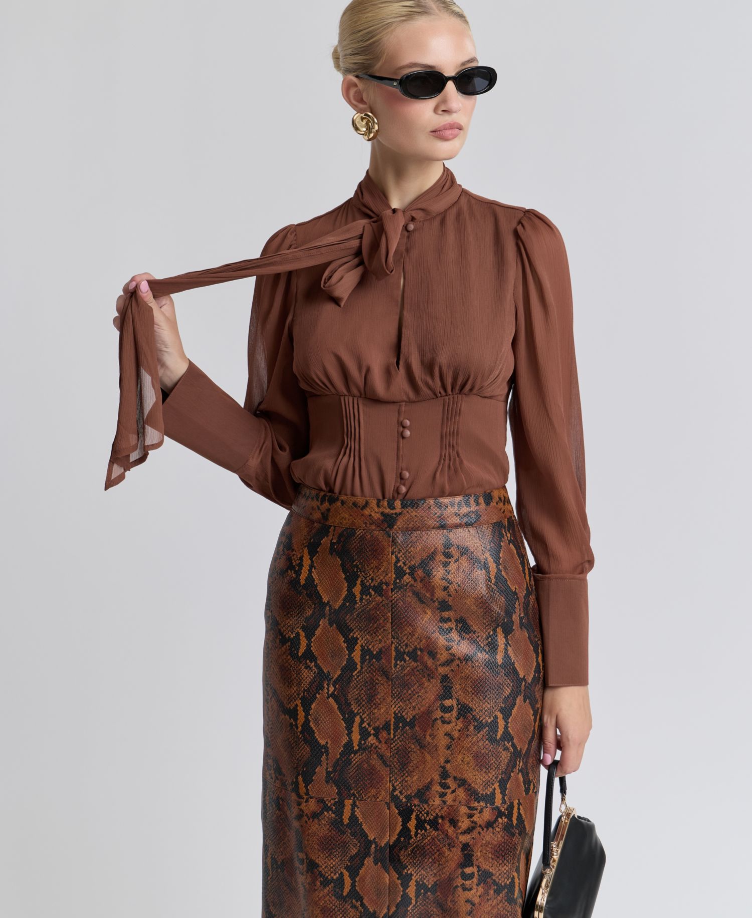 Women's Long Puff-Sleeve Scarf Neck Top