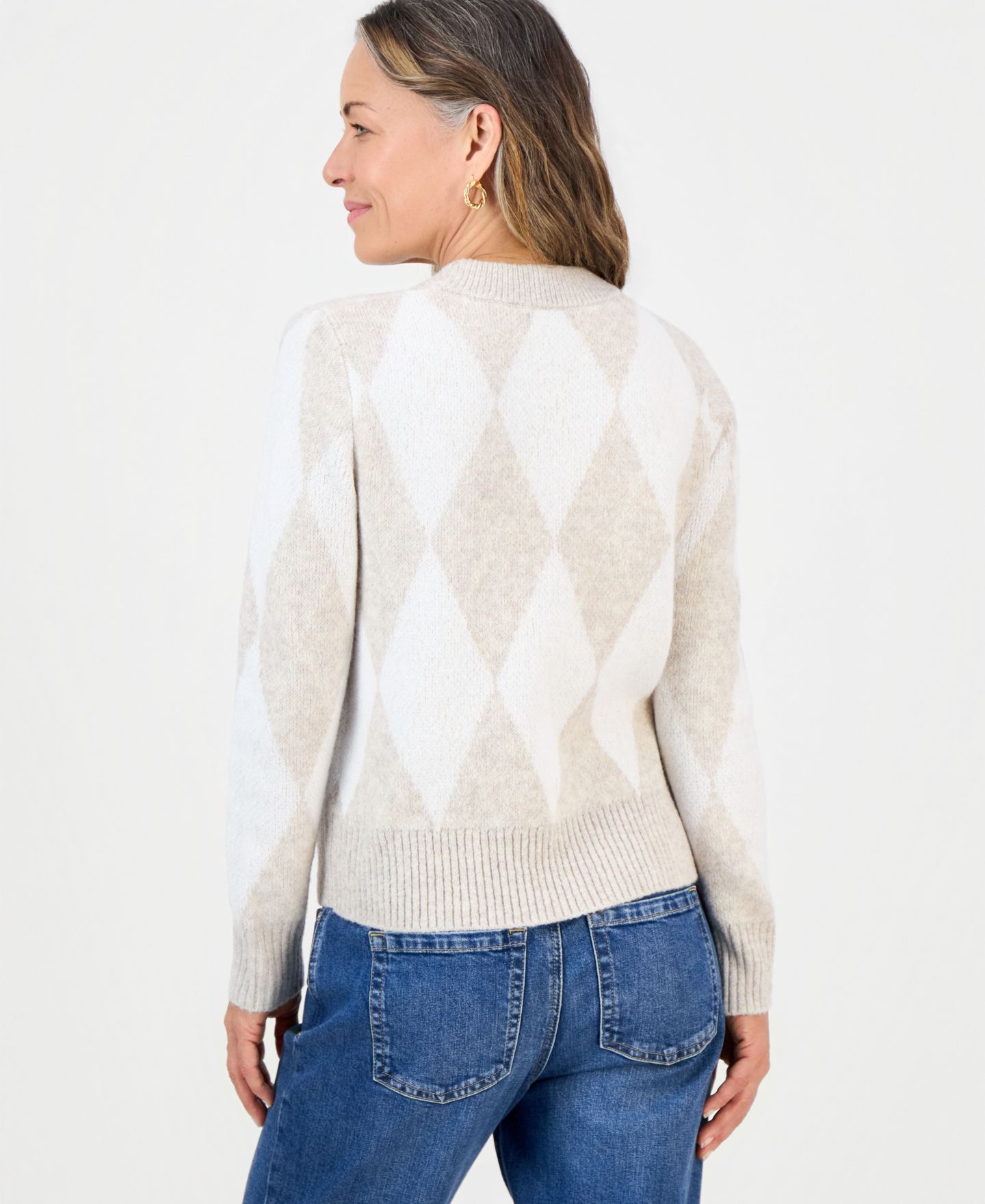 Женский свитер Style & Co Petite Argyle Crewneck Long-Sleeve, цвет: Тёмный орех — фото 4