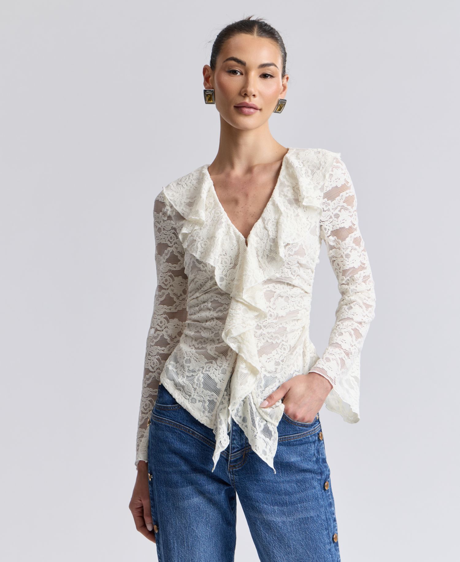 Women's Ruffle-Detail Lace Cardigan