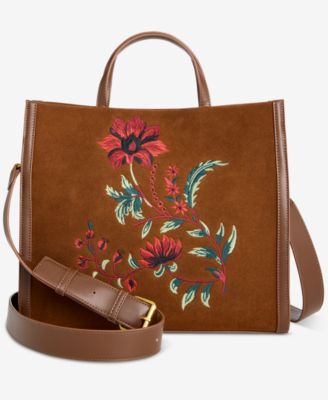 Floral Embroidery Suede Adjustable Strap Tote