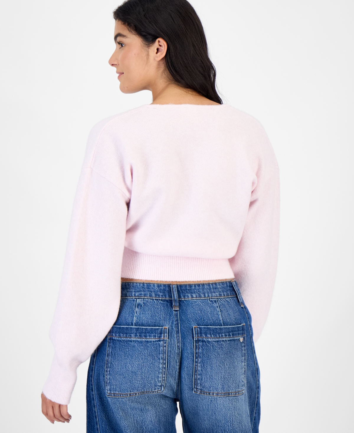 Hippie Rose Juniors' Surplice Studded Pullover Sweater