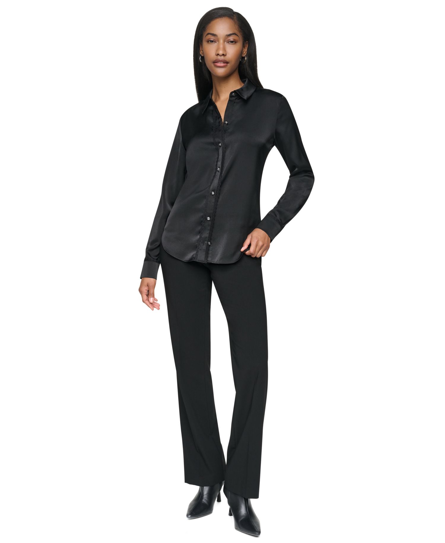 Petite Satin Front-Button Long-Sleeve Top