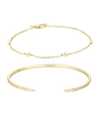 Gold Cubic Zirconia Set of 2 Open Cuff and Station Bracelet