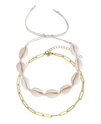Tarnish Resistant Gold Set of 2 Adjustable Shell and Paperclip Link Anklet Set