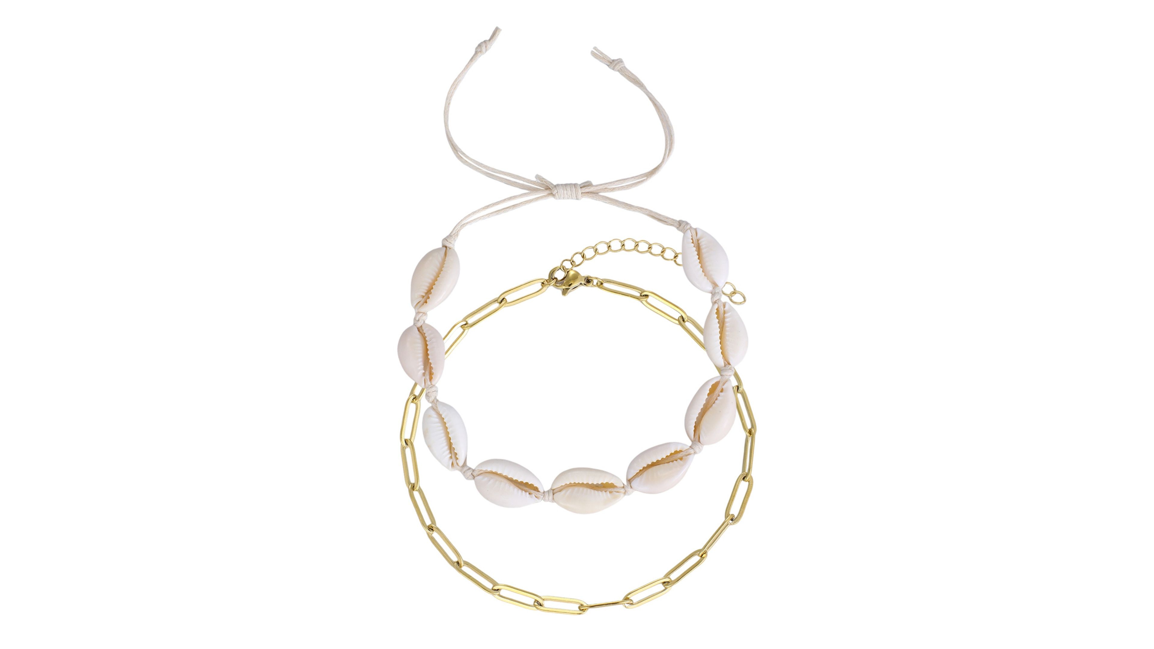 Adornia Tarnish Resistant Gold Set of 2 Adjustable Shell and Paperclip Link Anklet Set