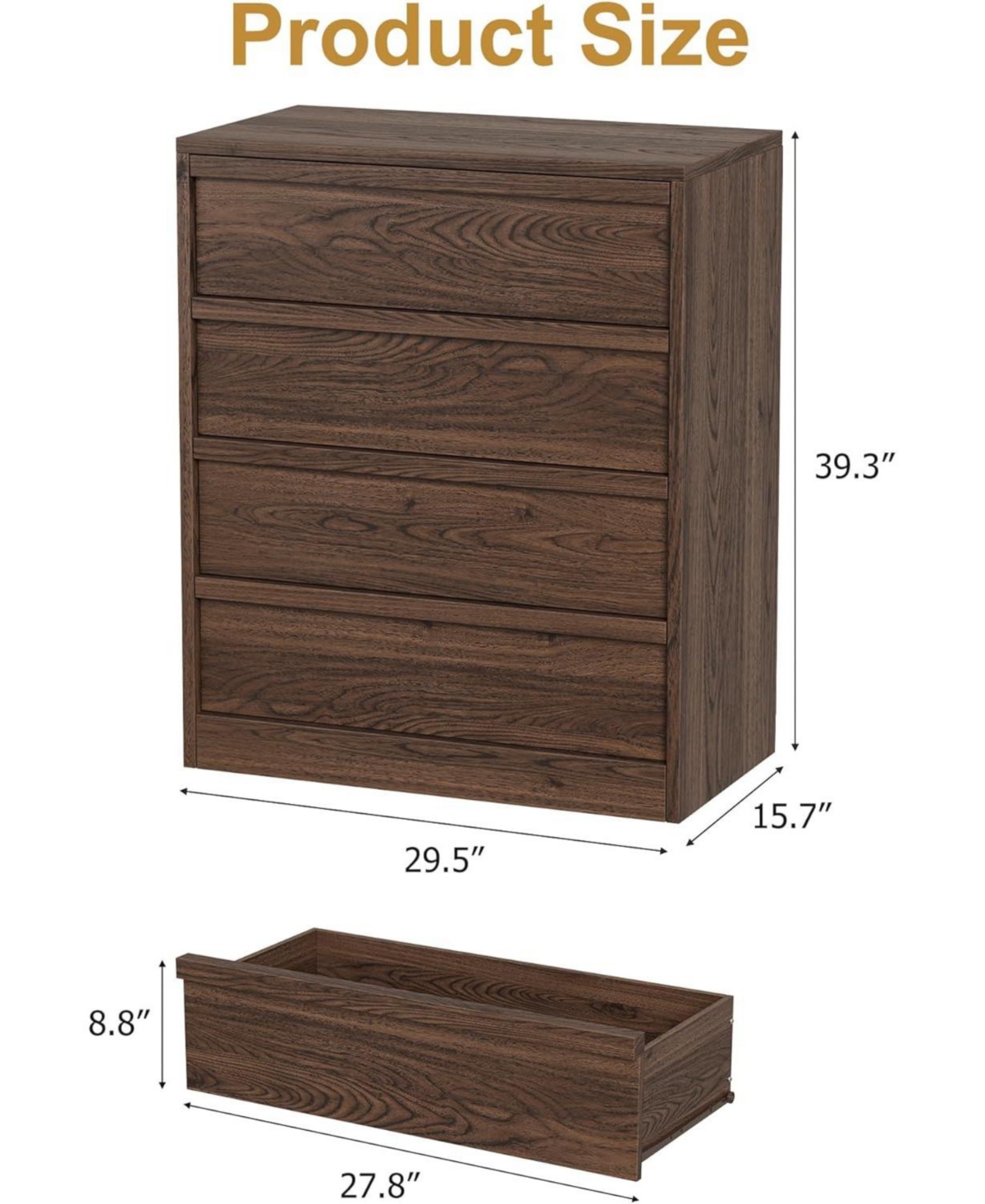 homfan 4-Drawer Walnut Nightstand for Bedroom, Wooden Small Bedside Cabinet with Anti-Tip, Modern End Table for Living Room