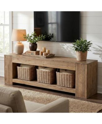 63" Solid Wood TV Stand for TVs up to 75 Inches, Farmhouse Long Entertainment Center with Open Storage Shelf