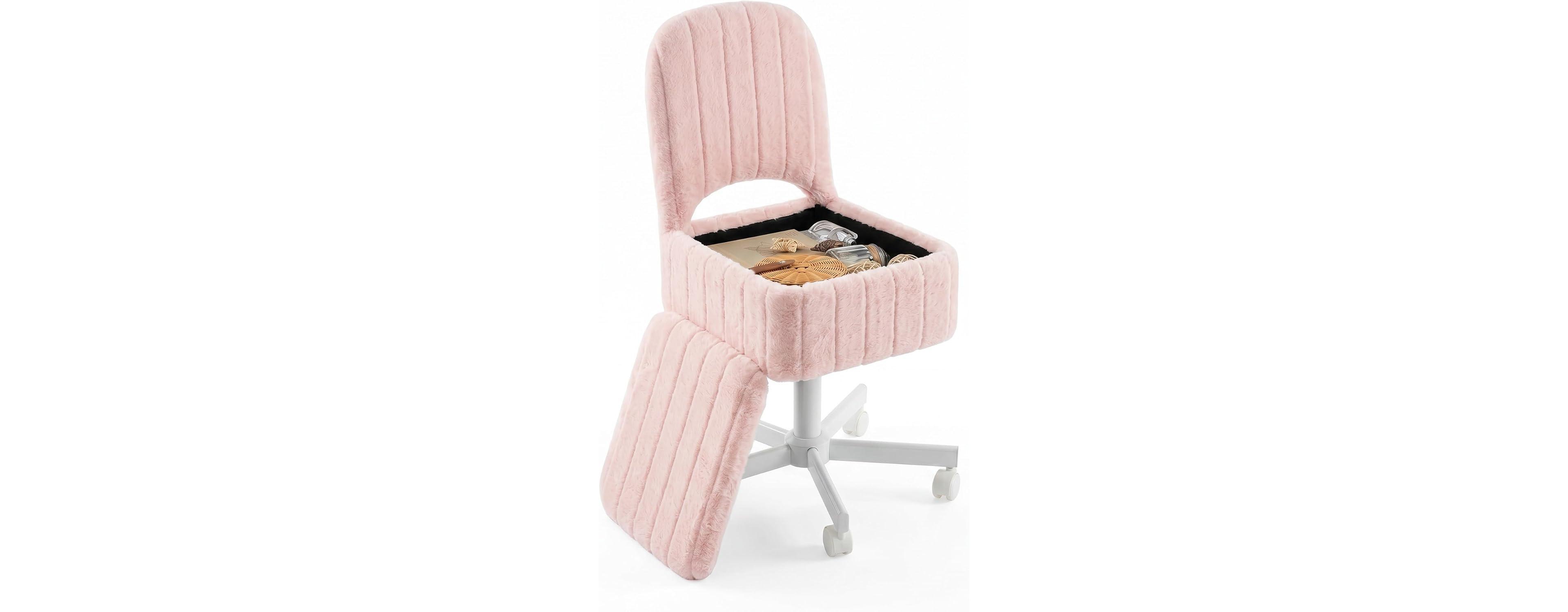 gaomon Large Vanity Stool Chair with Storage and Folding Back, Height Adjustable Lift Ottoman Swivel and Quiet Wheels, Soft Faux Fur Stool