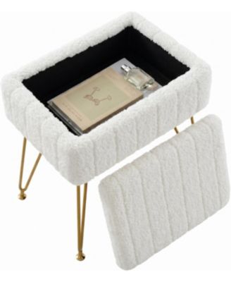Vanity Stool with Storage, Faux Fur Ottoman with Metal Legs and Anti-Slip Feet, Soft Furry Padded Seat Foot Rest for Makeup