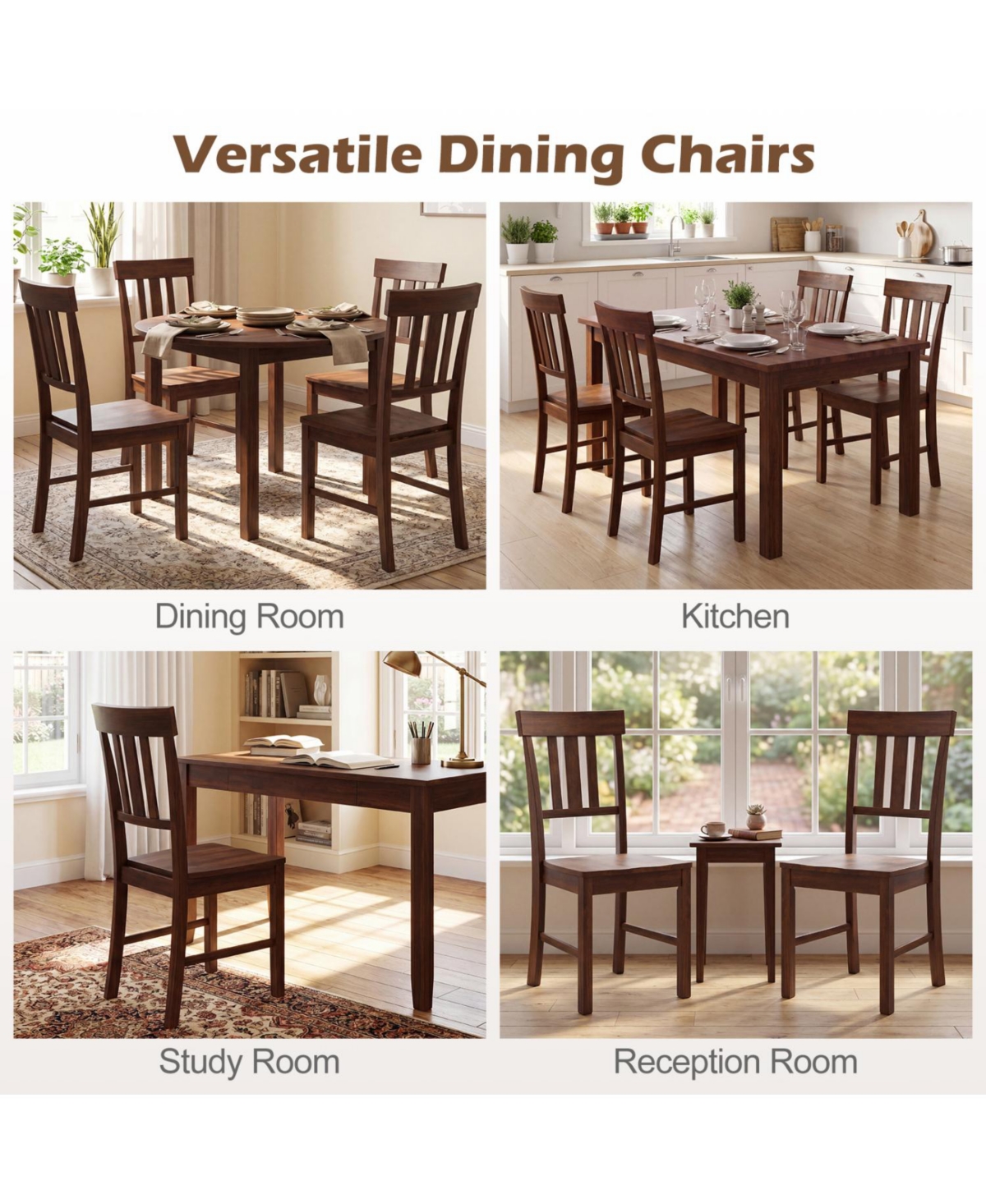 Slickblue Set of 2 Rubber Wood Dining Chairs with High Slat Back Design