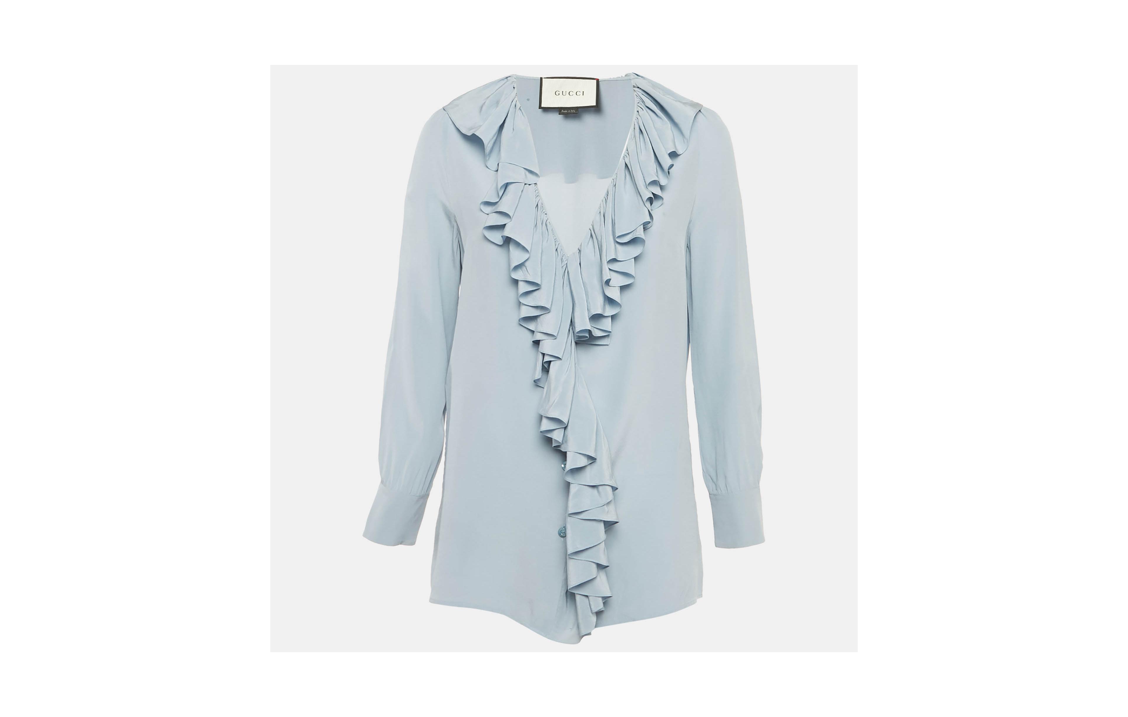 Pre-Owned Gucci Women's Silk Ruffled V-Neck Blouse