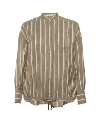 Women's Striped Silk Monili-Trim Drawstring Blouse
