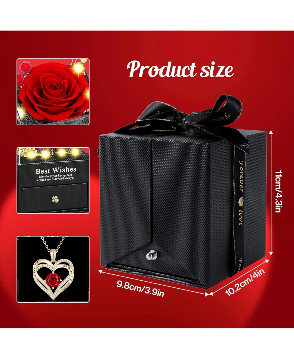 Lovery 5-Piece Preserved Rose with Led Lights, Double Heart Necklace and Acrylic Box Gift Set