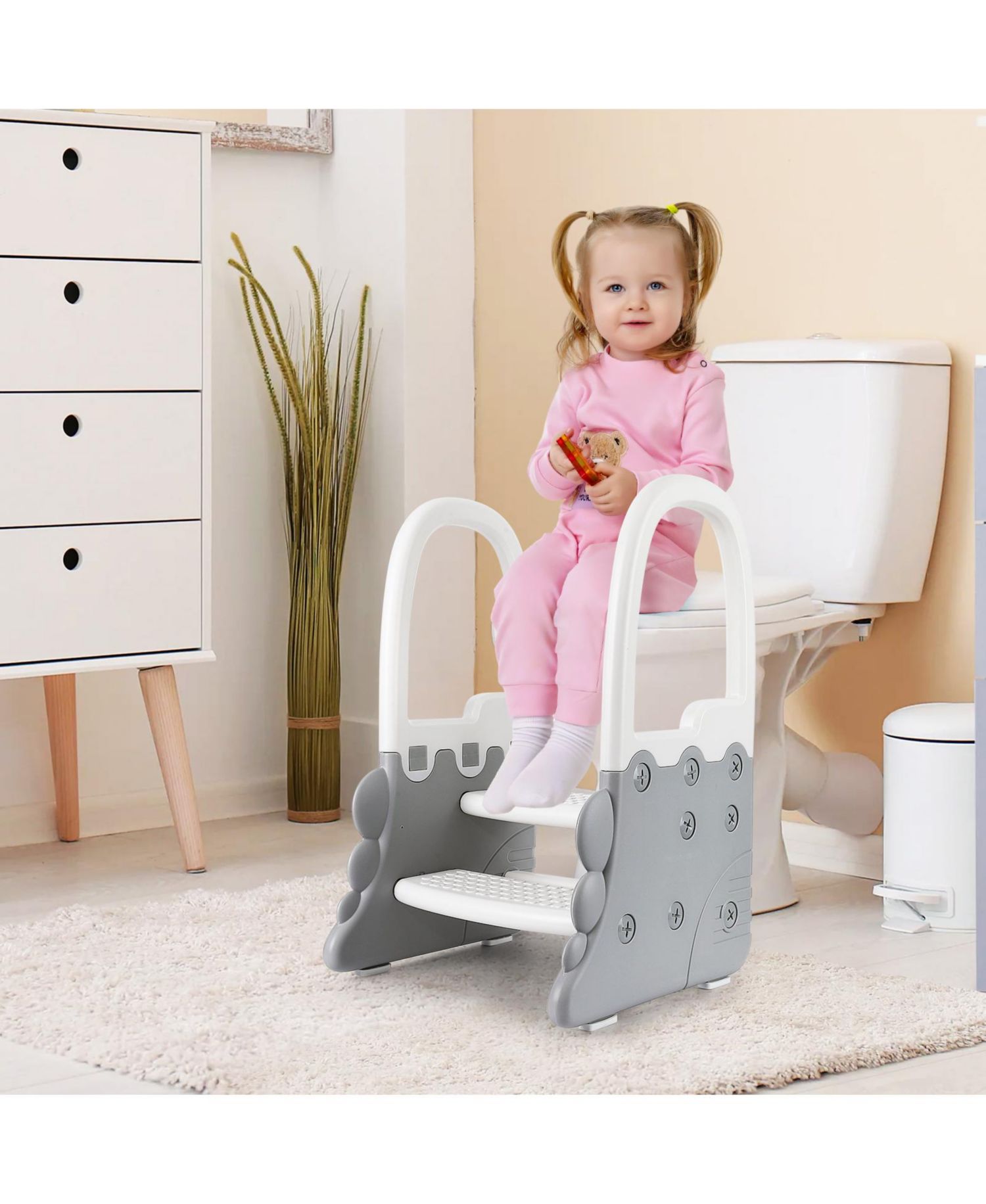 Non-Slip Handles and Stable Design 2-Step Toddler Step Stool - Plastic Step Stool for Bathroom Basin, Kitchen Counter and Potty Training