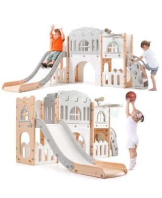 8-in-1 Toddler Playground with Slide, Indoor Outdoor Kids Playset with Climber, Crawl Tunnel, Basketball Hoop and Storage for Ages 1-3