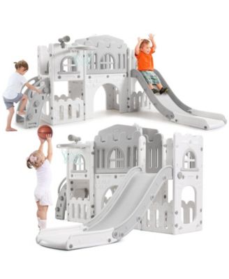 8-in-1 Toddler Playground with Slide, Indoor Outdoor Kids Playset with Climber, Crawl Tunnel, Basketball Hoop and Storage for Ages 1-3