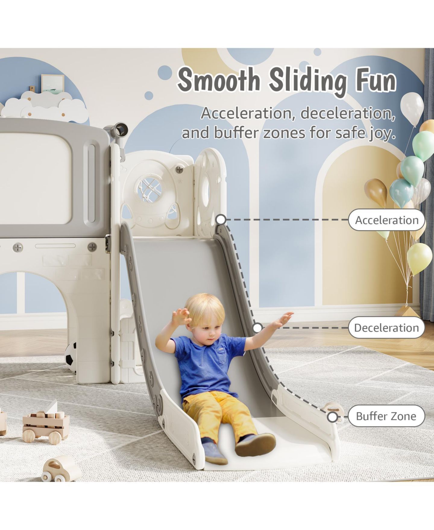 Детские игрушки homfan 8 in 1 Indoor/Outdoor Play Tunnel and Climber Set with Slide and Basketball Hoop, Ages 1-6, цвет: Серый — фото 5