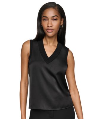 Petite Mix Media V-Neck Sleeveless Pull-On Top