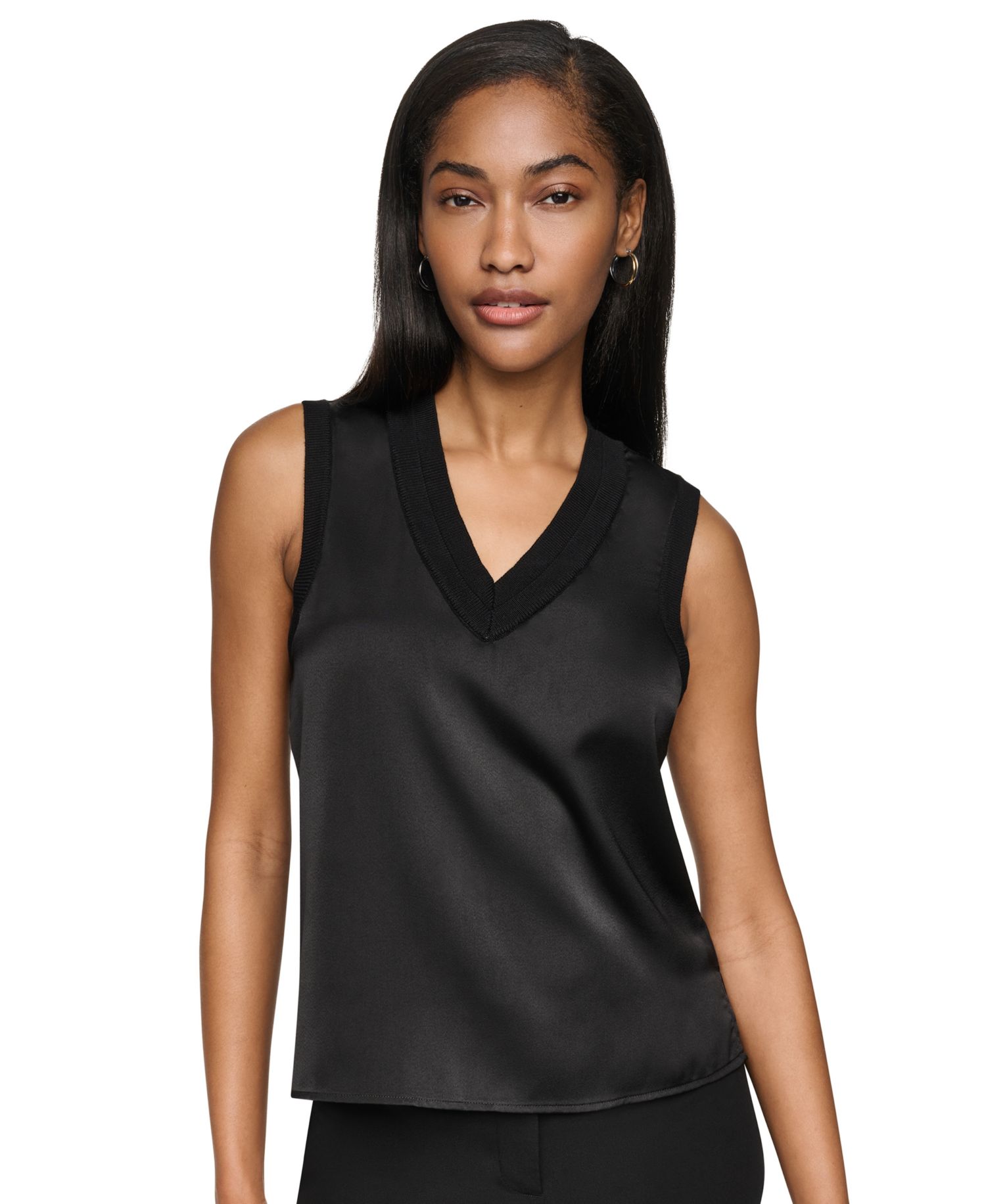 Petite Mix Media V-Neck Sleeveless Pull-On Top