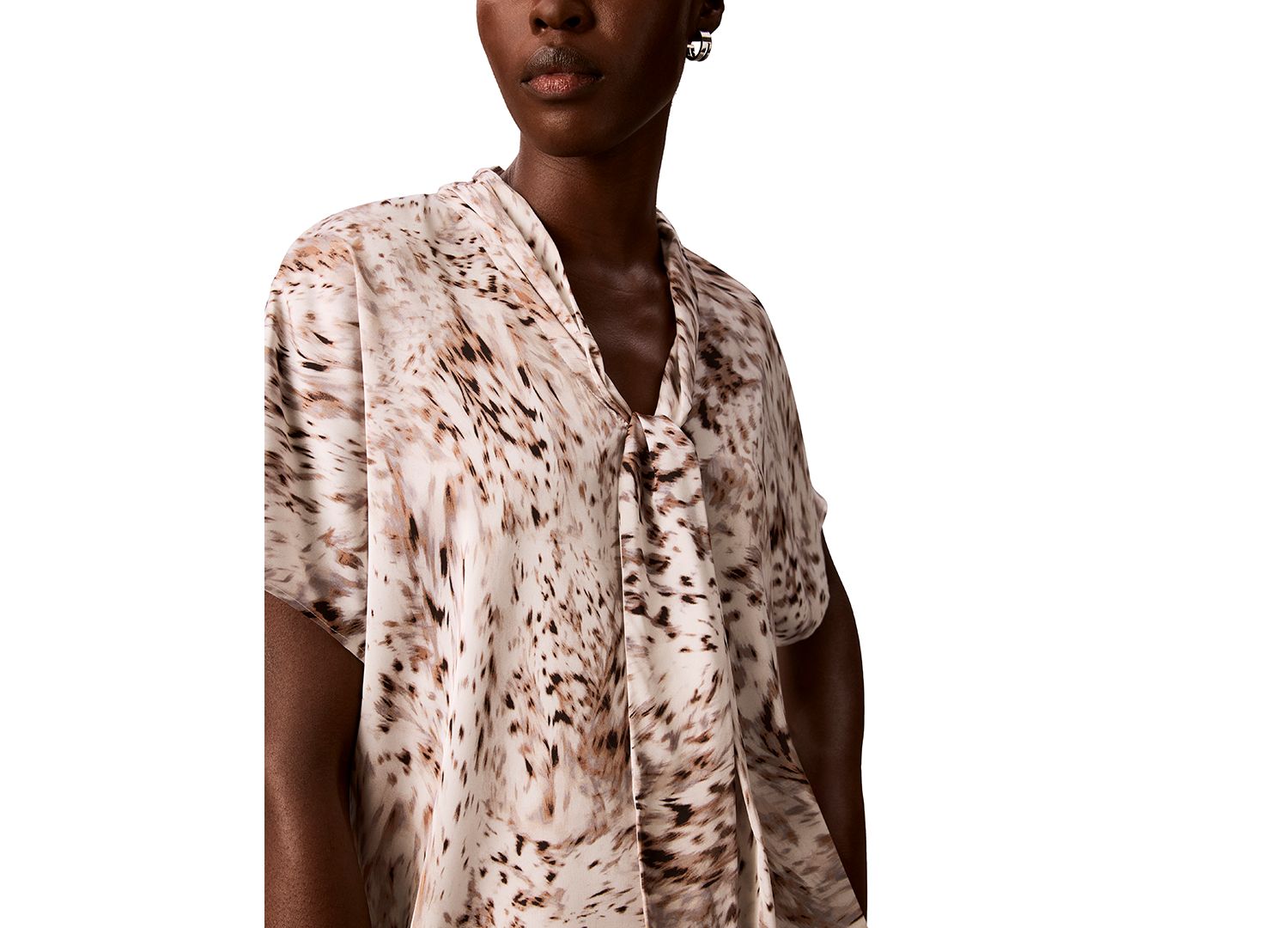 Women's Printed Flat Satin Tie-Neck Blouse