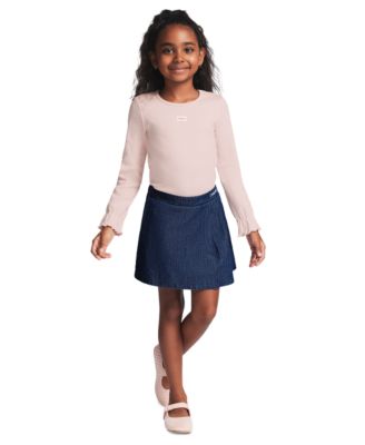 Girls' 2T-6X Long-Sleeve Top and Denim Skort, 2-Piece Set