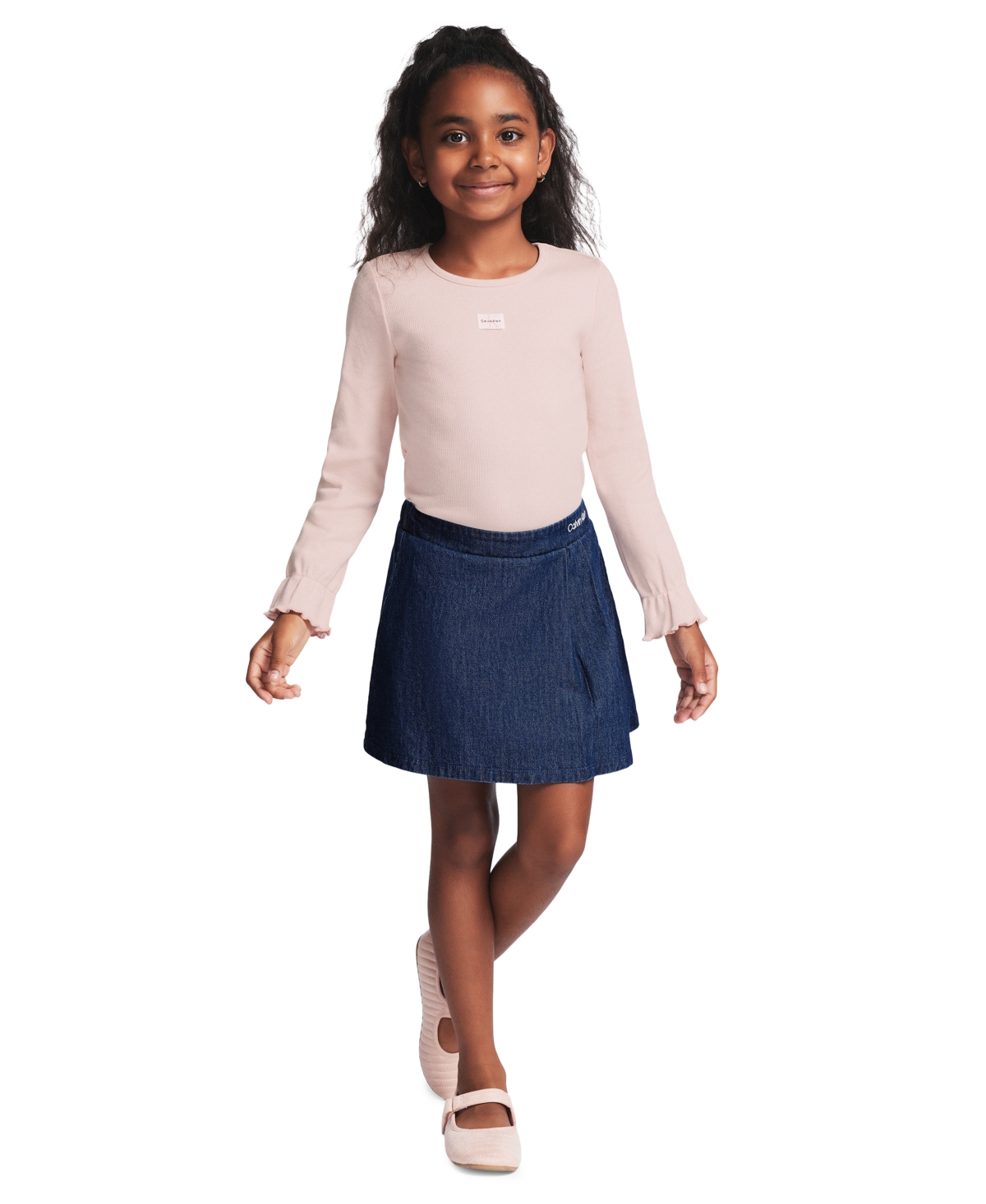 Calvin Klein Girls' 2T-6X Long-Sleeve Top and Denim Skort, 2-Piece Set - Pink/Blue