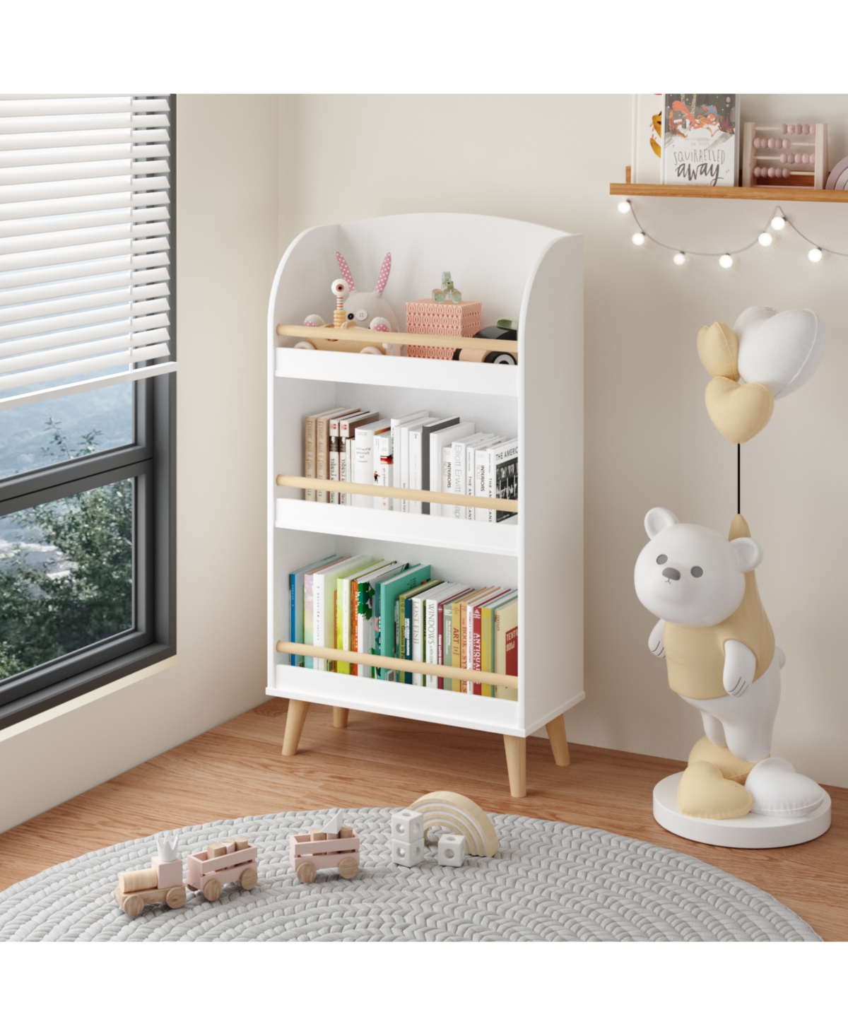 flynama Kids 3-Tier Bookshelf and Toy Storage Organizer with Pine Legs