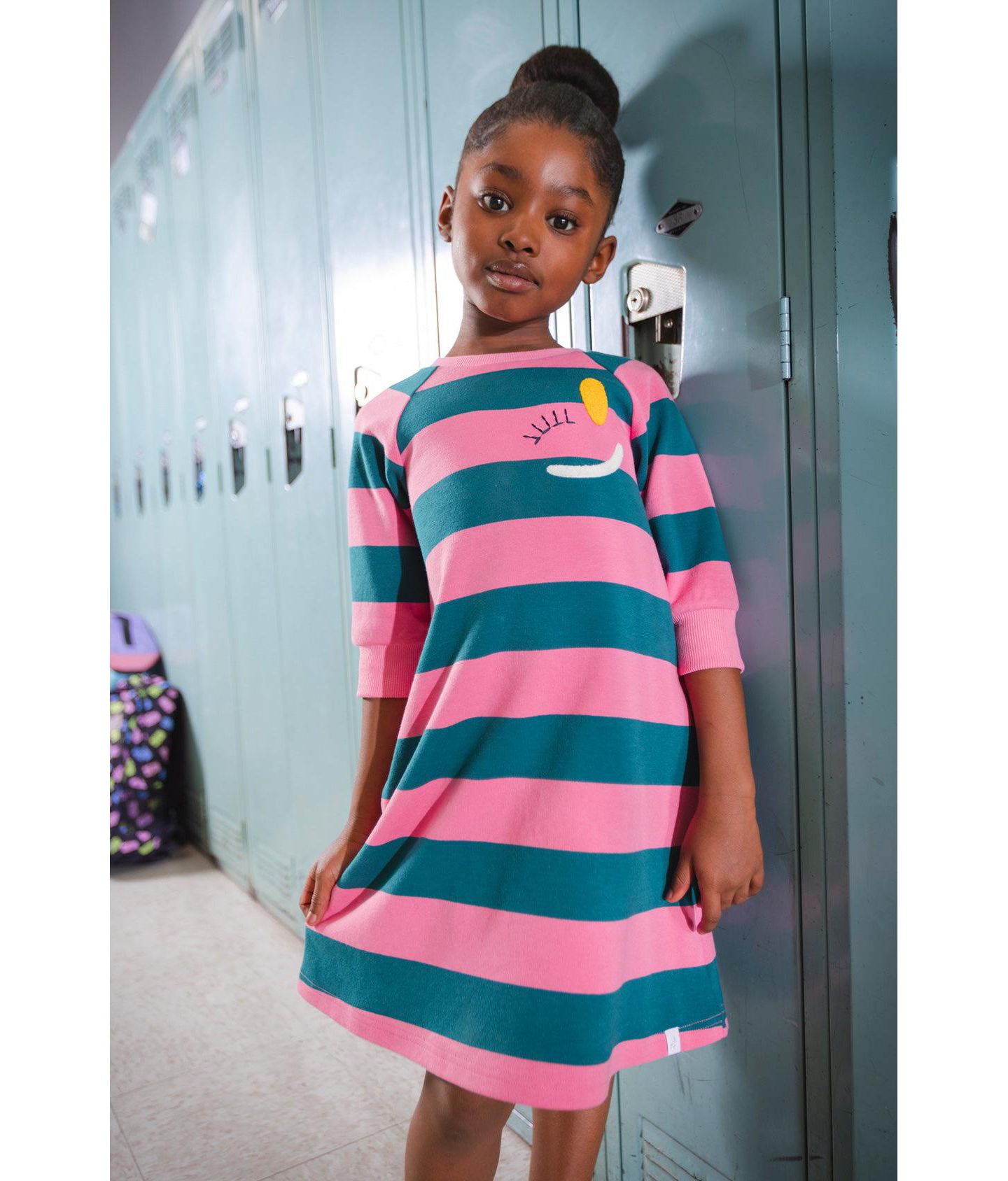 Платье Deux par Deux Engineer Stripe Dress для девочек, цвет: Розовый / Зелёный — фото 2