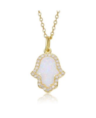 14K Gold Plated Sparkling Hamsa Opal and CZ Halo Necklace