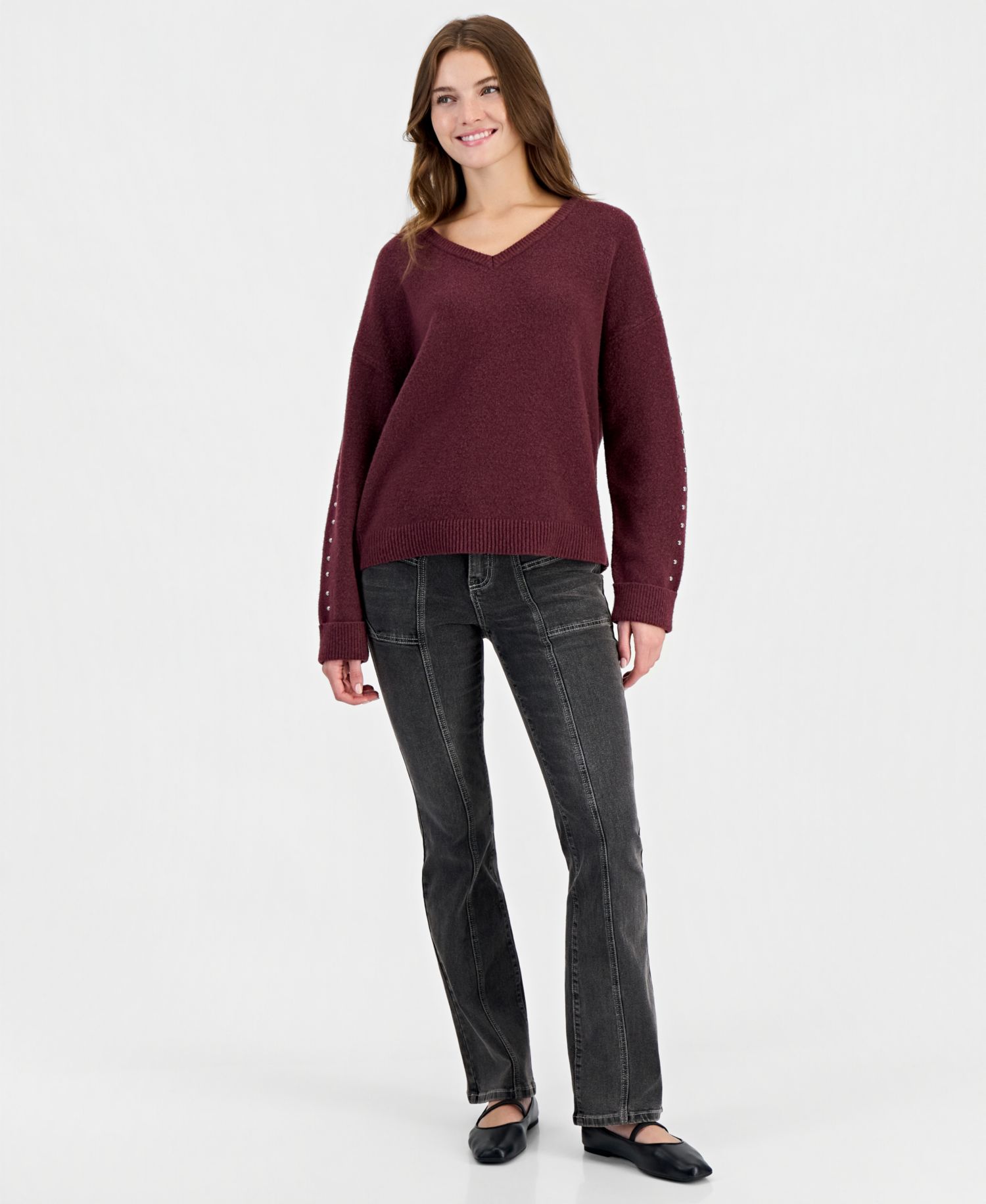 Juniors' Studded V-Neck Slouchy Sweater