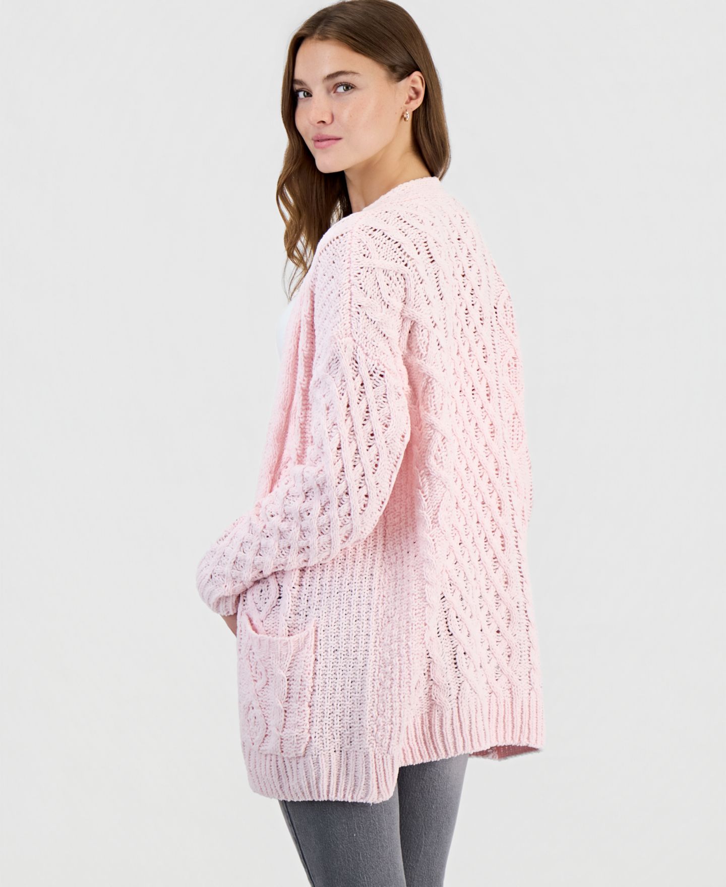 Женский кардиган Hooked Up by IOT Juniors' Cable-Knit Chenille Midi, цвет: Ballet Slipper — фото 3