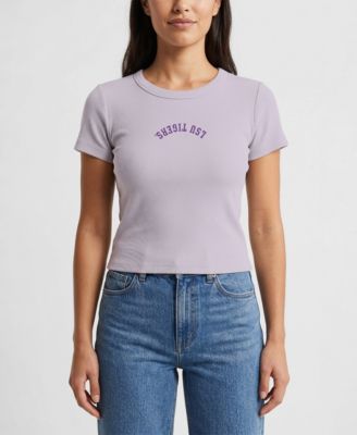Women's Purple LSU Tigers Upside Down Embroidery Ribbed Cropped T-Shirt