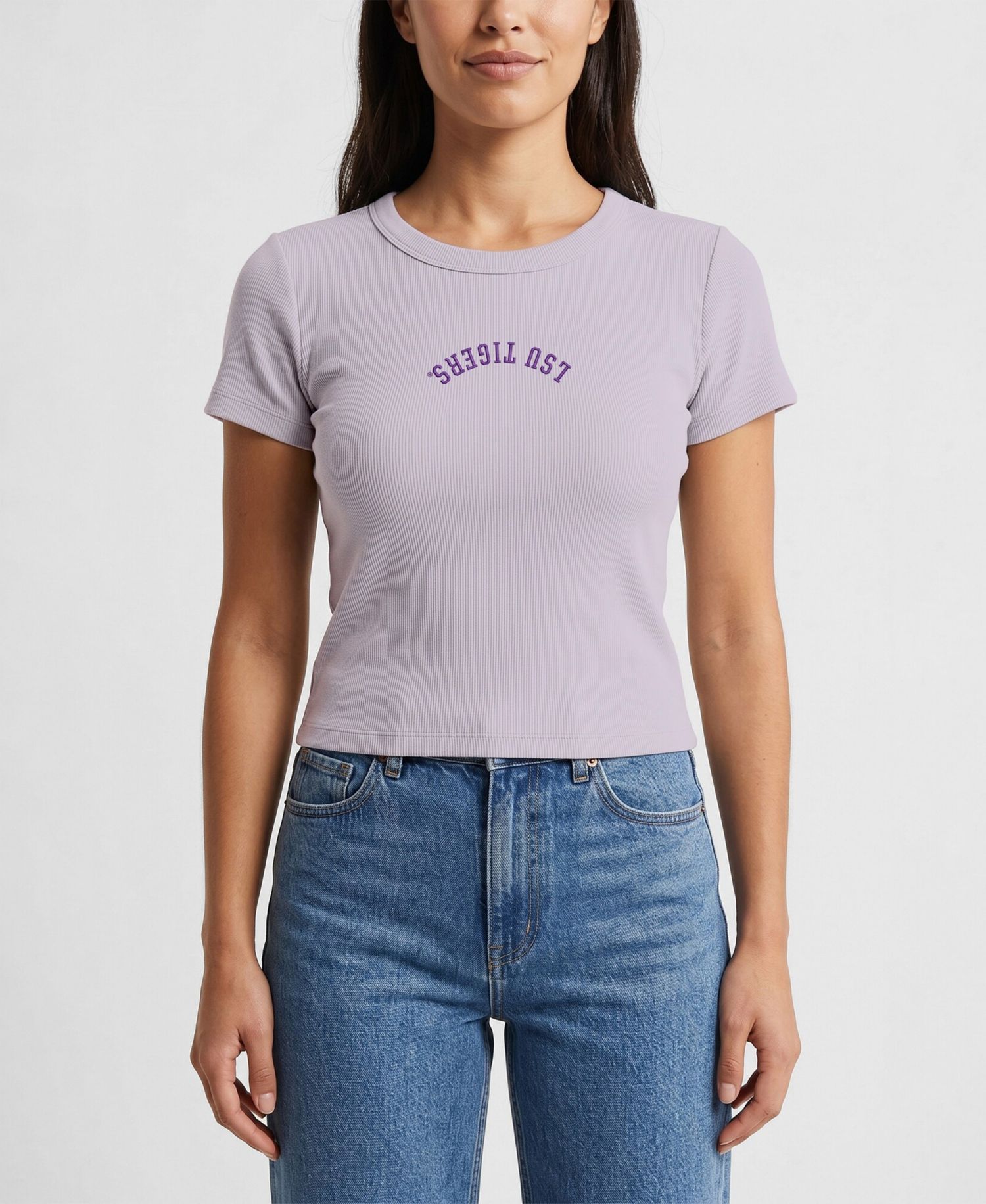 Women's Purple LSU Tigers Upside Down Embroidery Ribbed Cropped T-Shirt