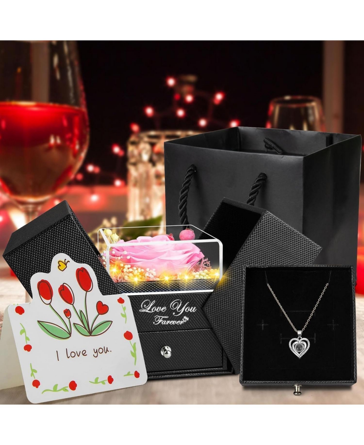 Lovery 5-Piece Preserved Rose with Led Lights, Heart Necklace and Acrylic Box Gift Set
