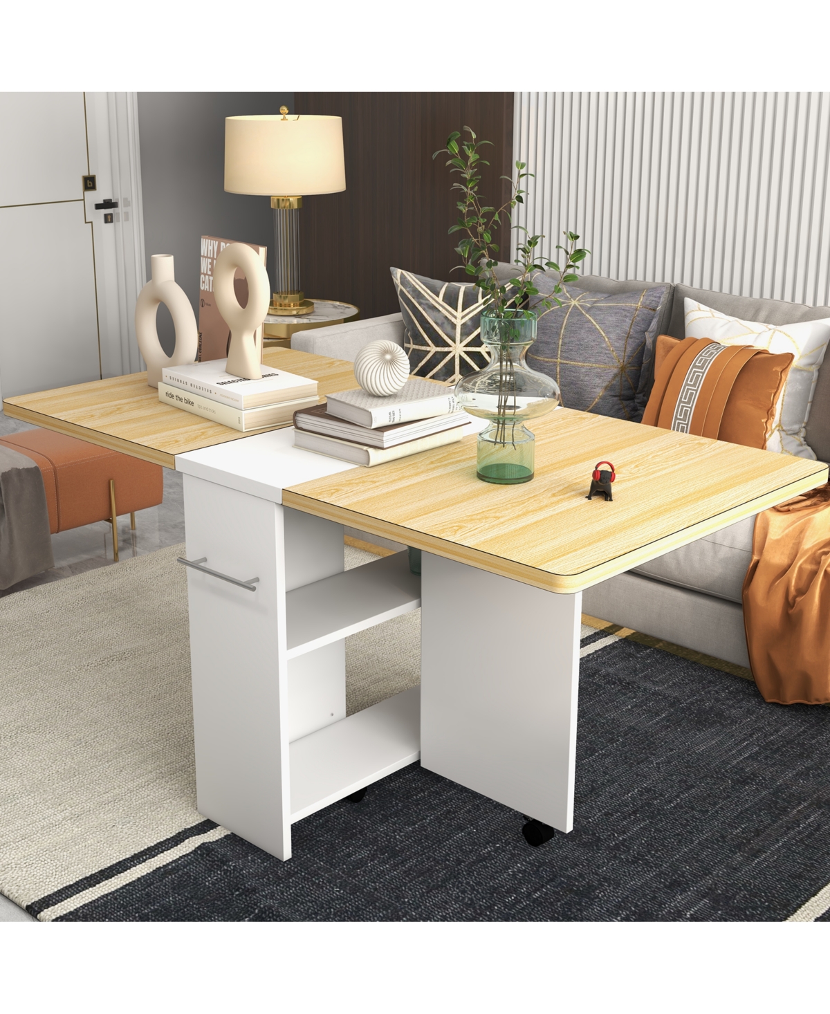 homfan Folding Drop Leaf Dining Table with 2-Tier Storage, 6 Wheels, Space-Saving Kitchen Table for Dining Room and Home Office