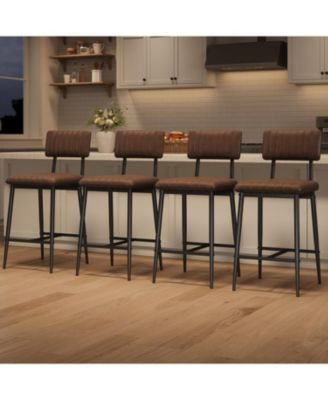 Counter Height Bar Stool Set with Padded Leather Seat and Stitched Detail Iron Frame