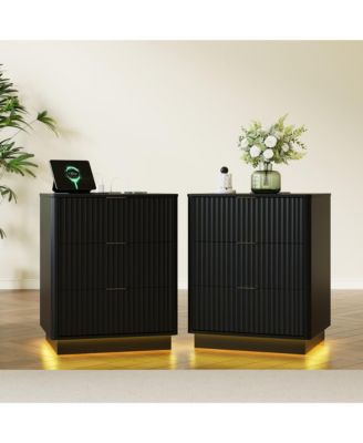 Fluted Nightstand Set of 2, Wooden Nightstand with Charging Station and LED Light, Modern Mid Century Bedside End Table with 3 Drawers,Bedroom