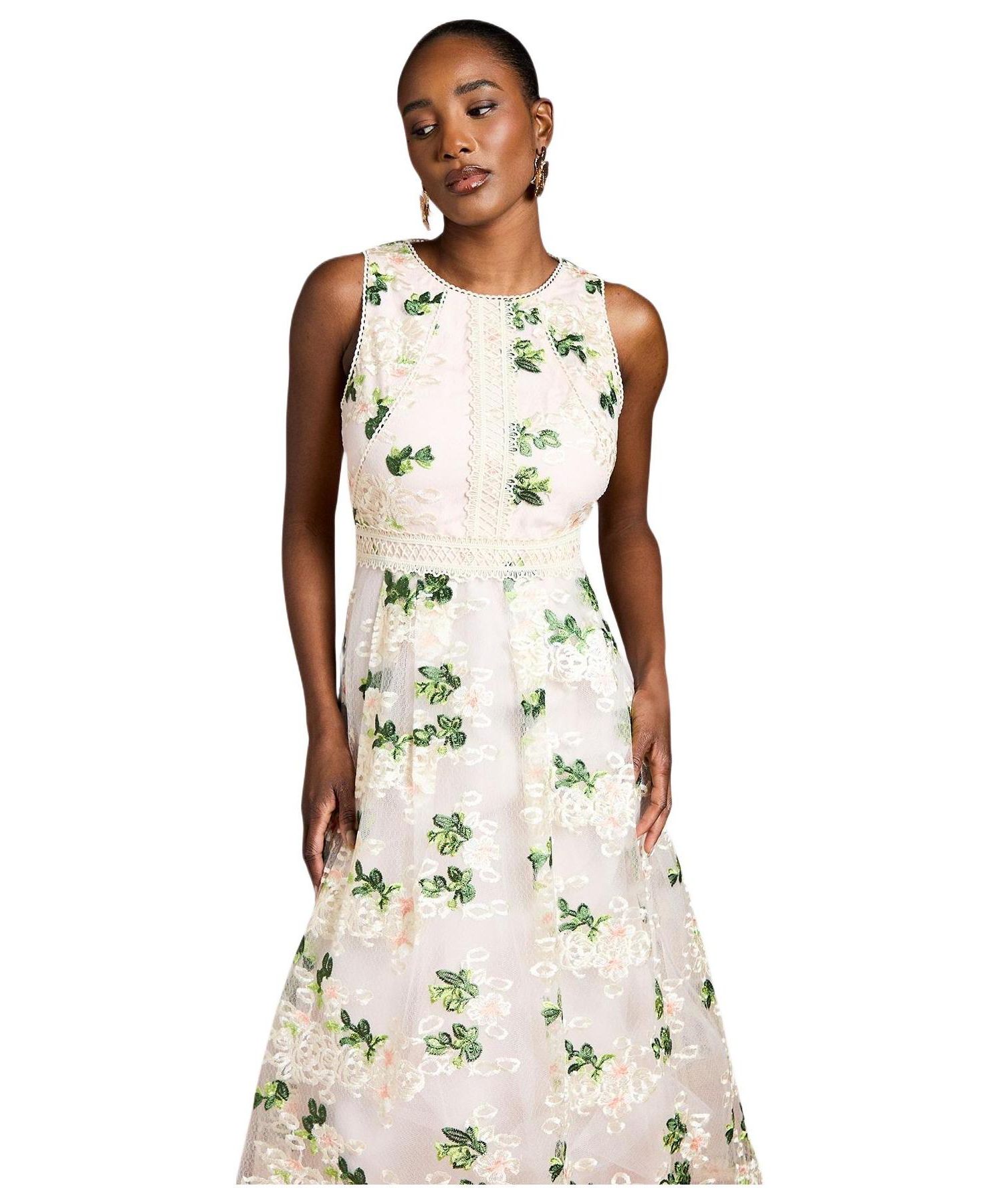 Women's Embroidered Mesh Lace Skirted Midi Dress