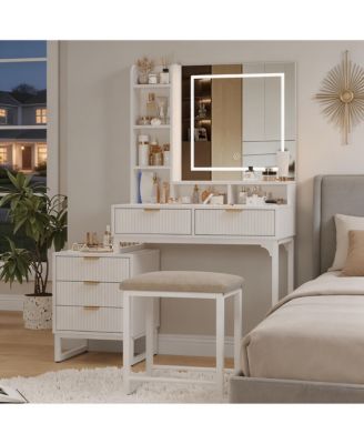 40.5"W Wave Board Dressing Table with Engineered Wood Top and Metal Frame, Makeup Vanity Table for Bedroom Vanity Space, White/Gold