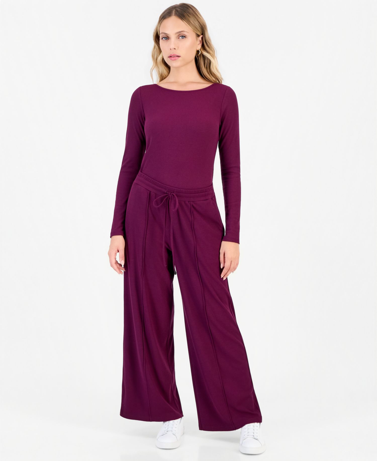 Petite Ribbed Knit High Rise Drawstring Wide-Leg Pants