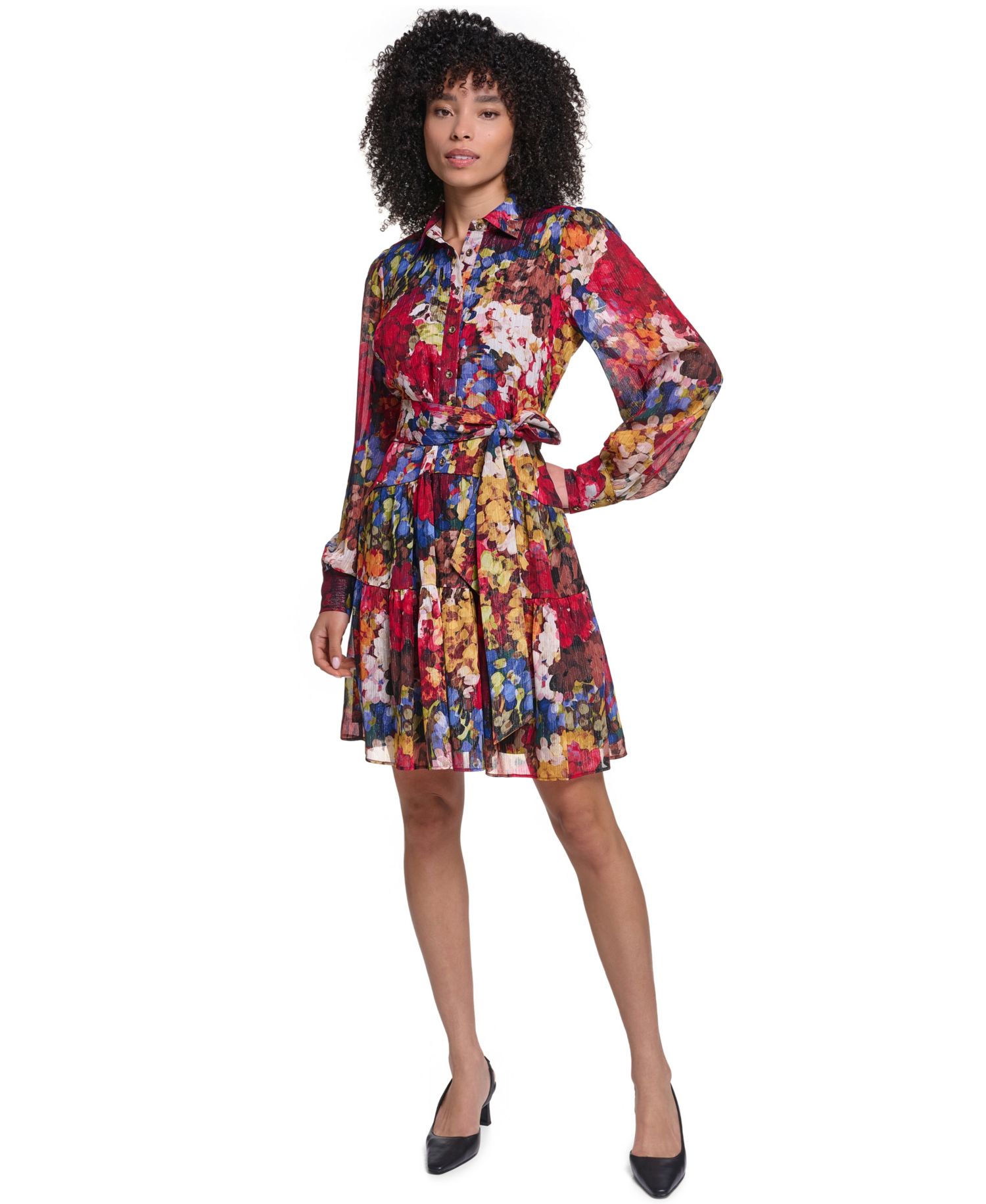 Women's Printed Metallic Chiffon Shirtdress