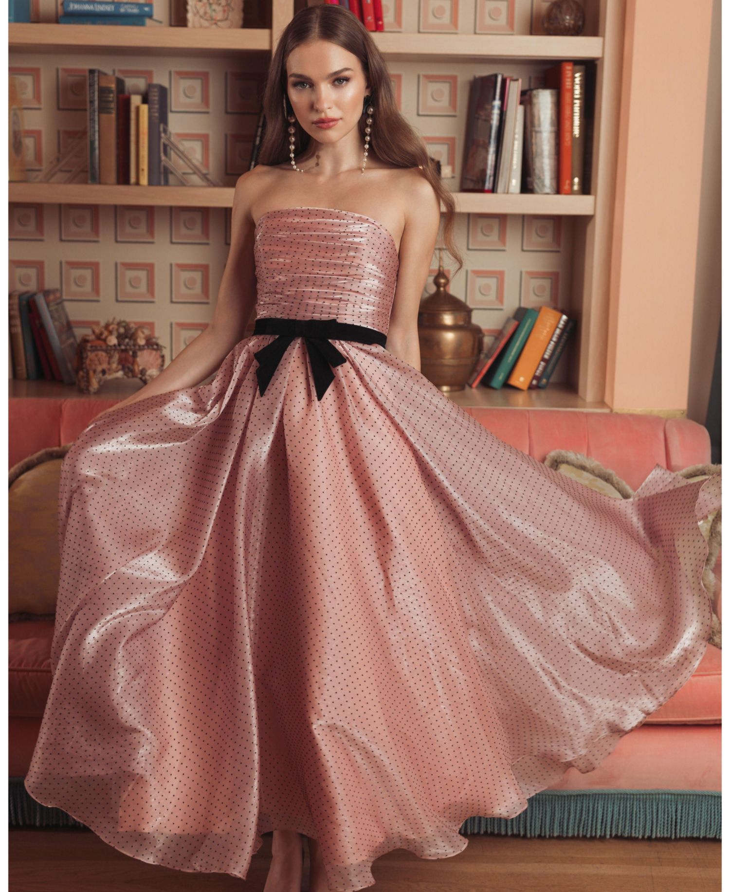 Women's Polka Dot Organza Strapless Dress With Bow