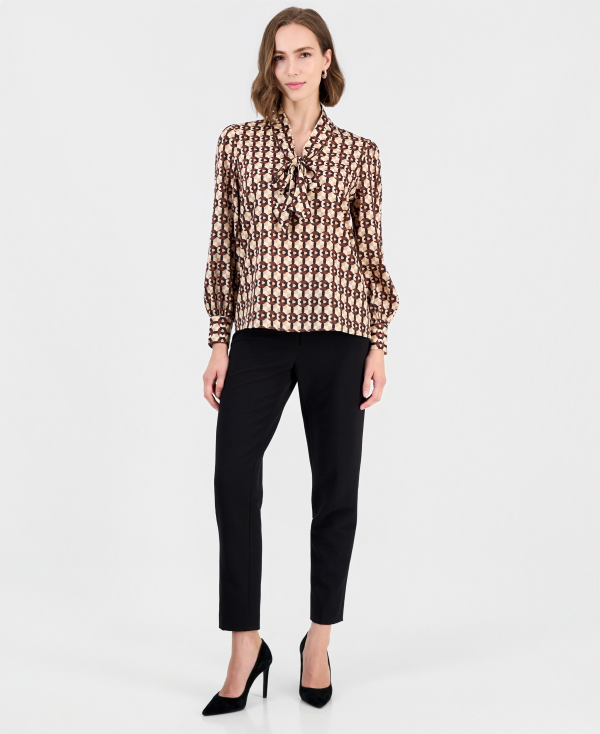 T Tahari Women's Long-Sleeve V-Neck Bow Tie Geometric-Print Blouse