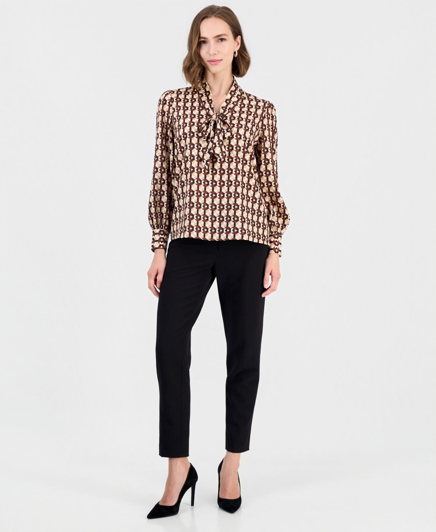 Women's Long-Sleeve V-Neck Bow Tie Geometric-Print Blouse