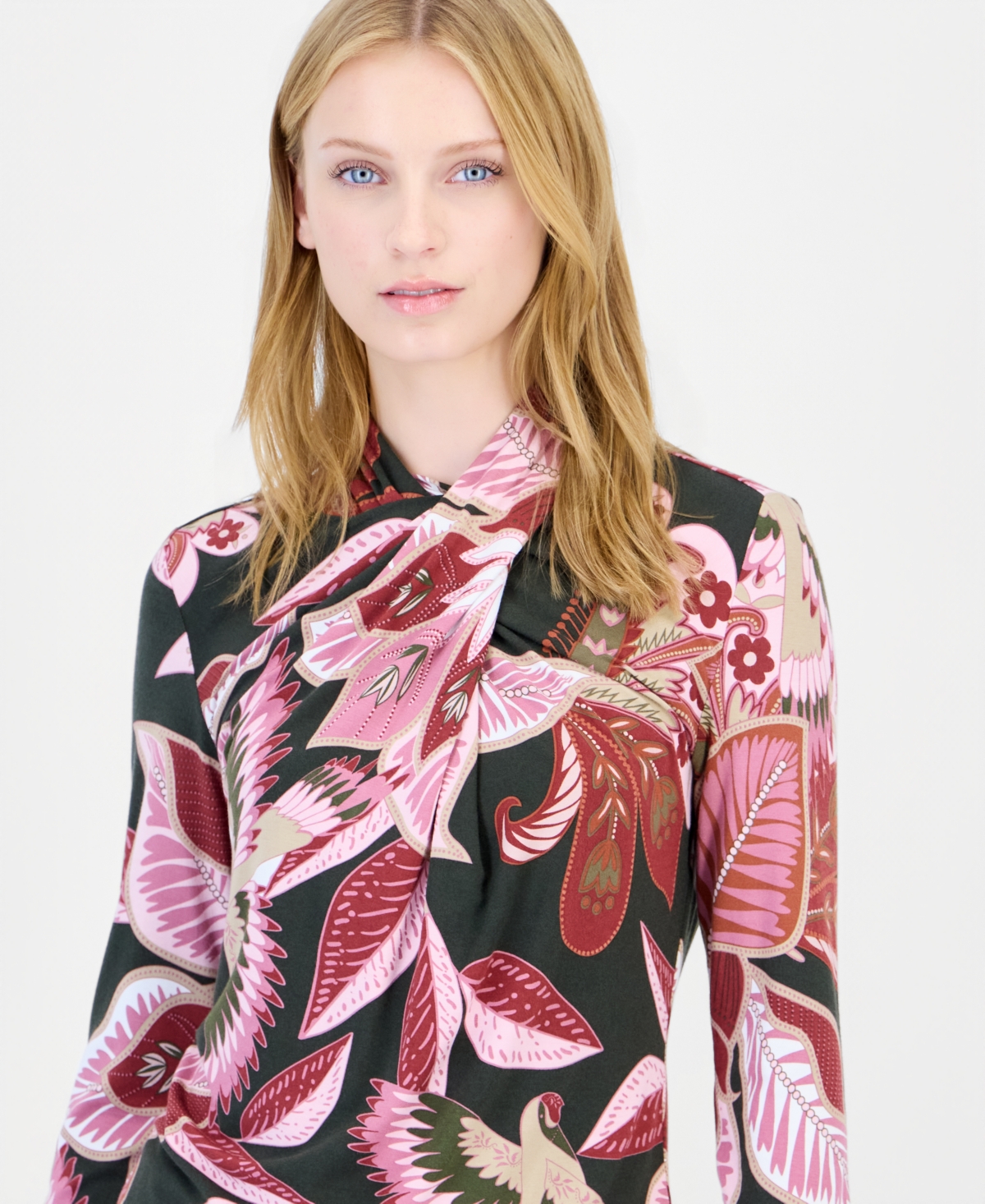 T Tahari Women's Long-Sleeve Mock-Neck Floral-Print Blouse