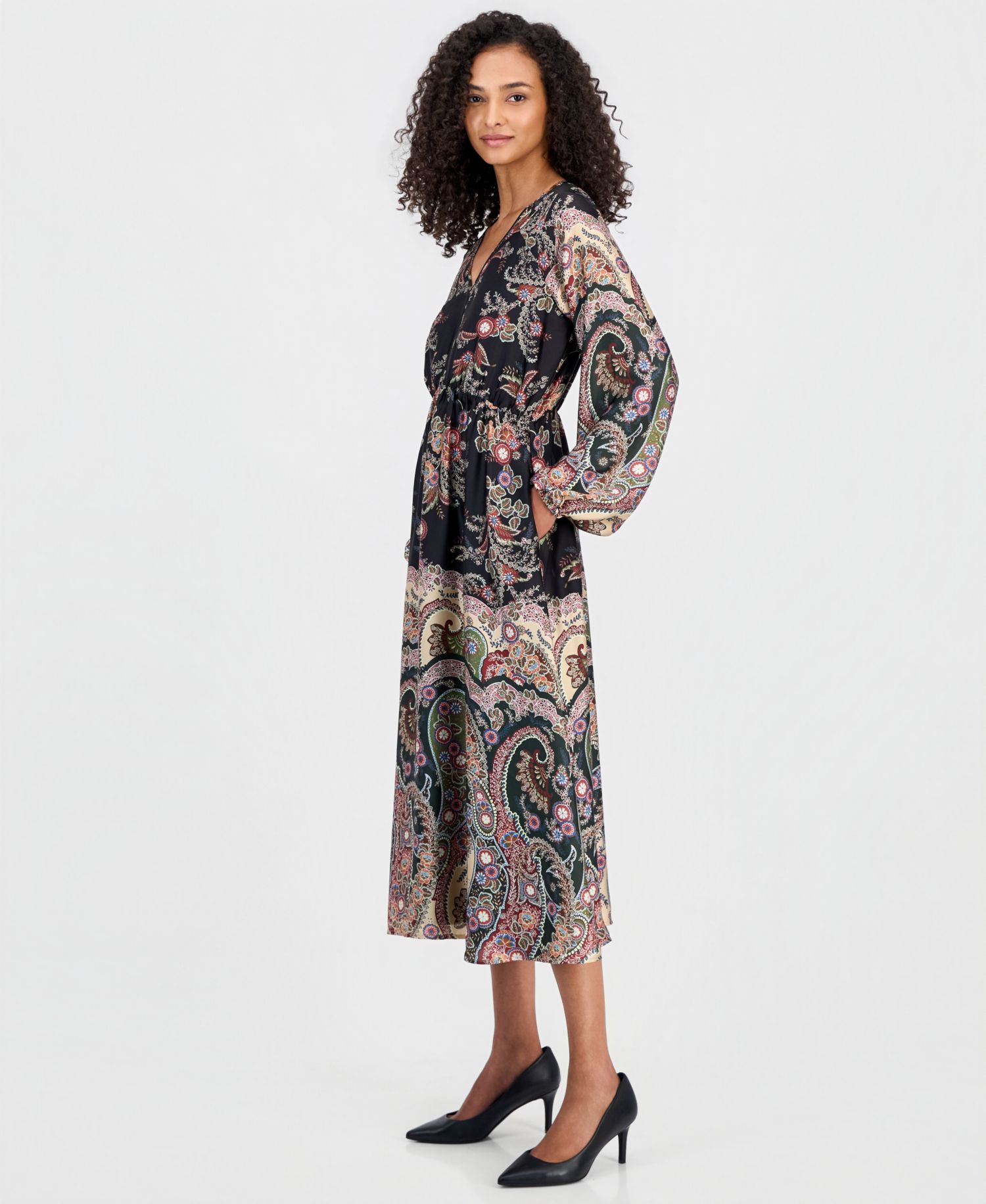 Women's Long-Sleeve Smocked-Waist Split-Neck Midi Dress
