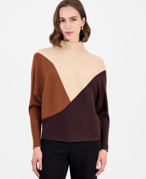 Женский свитер T Tahari Colorblock Dolman-Sleeve Funnel-Neck Pullover, цвет: Глиняный коричневый