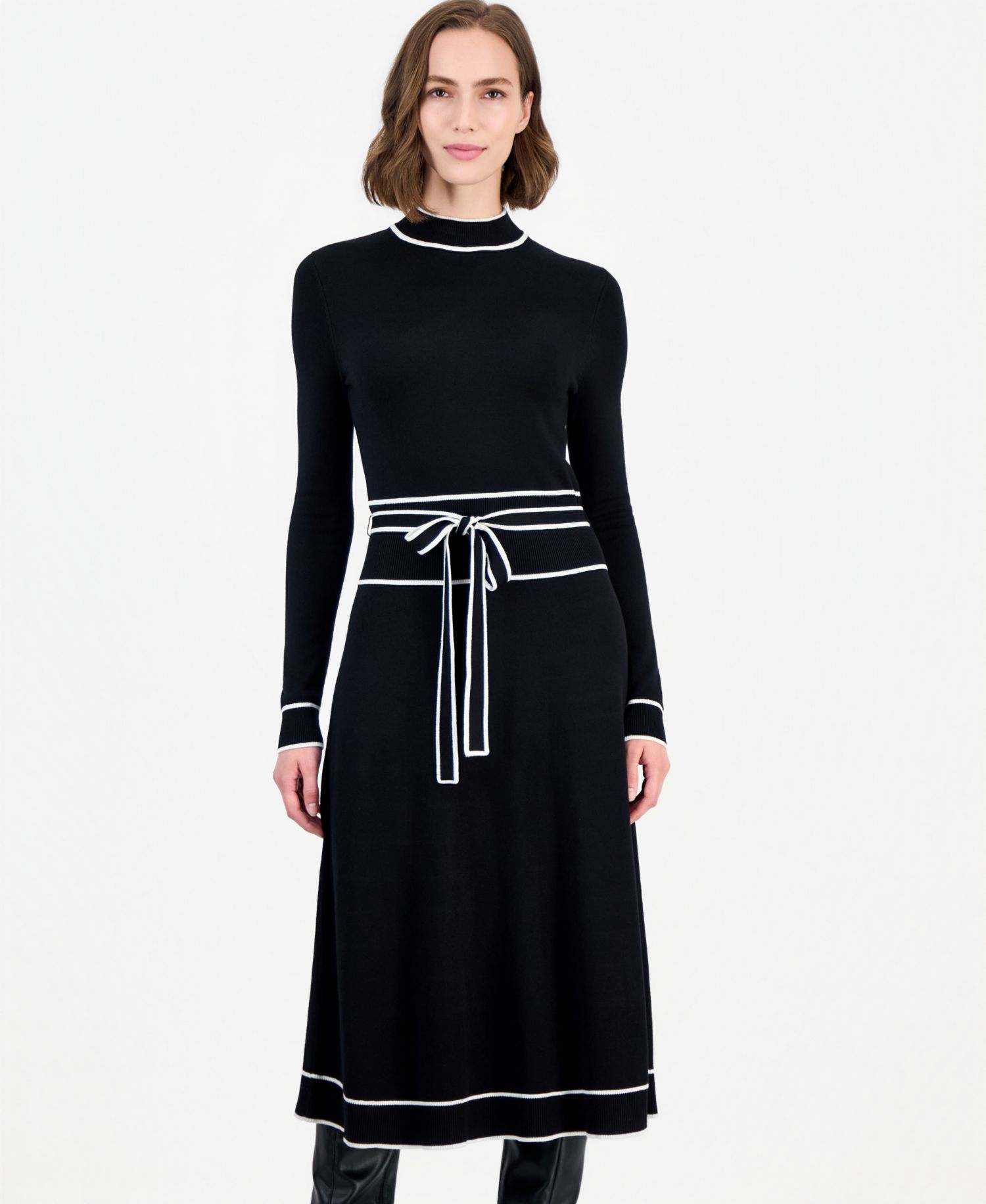 Women's Long Sleeve Mock Neck Belted Dress