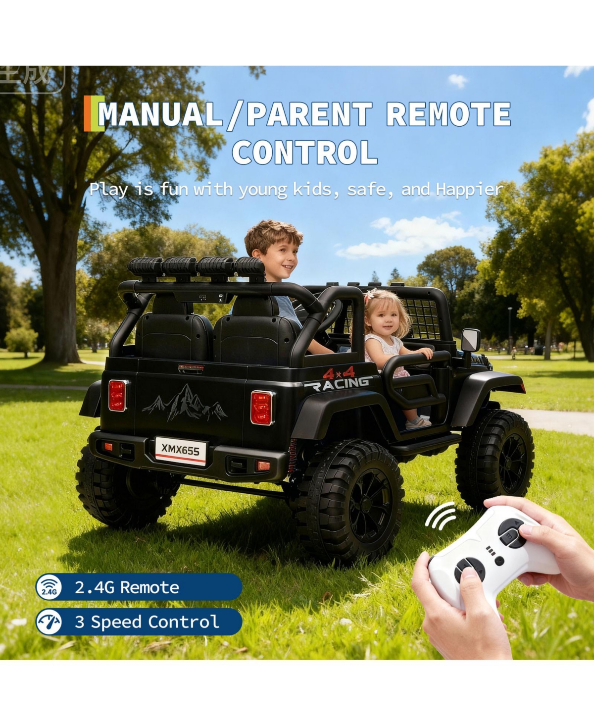 homfan 47.2 x 31.5 29.1 Inch Kids Electric Ride On Car 24V 2 Seater 4WD with Remote 5 mph for Outdoor Play.